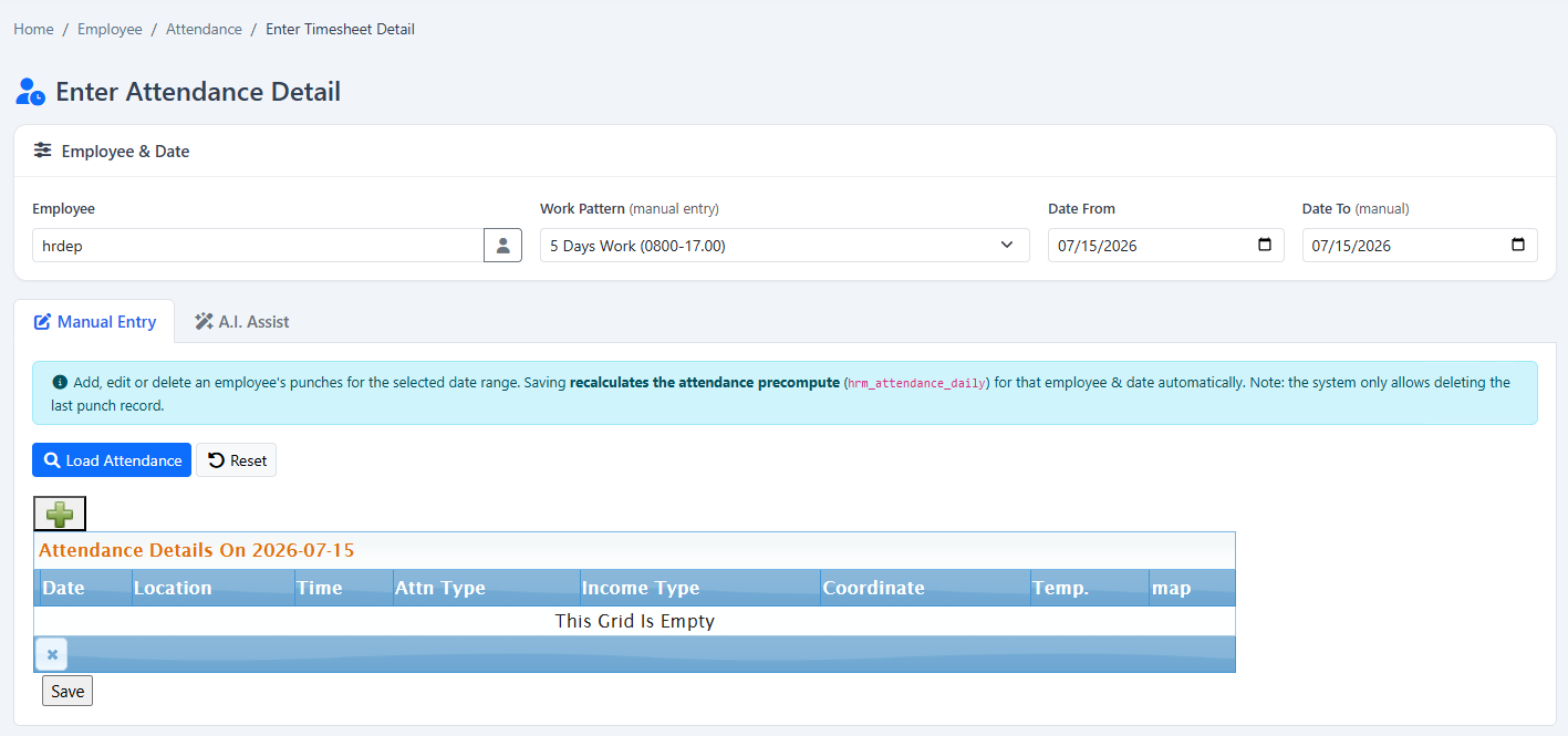 Attendance Calculation, Exceptions & Reports: Manual timesheet entry